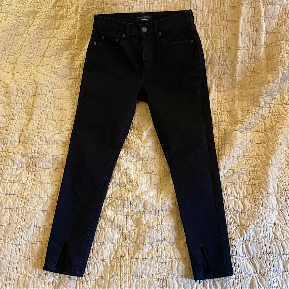 Banana Republic High Rise Skinny Jean Stretch Ankle Slit Black Stretch